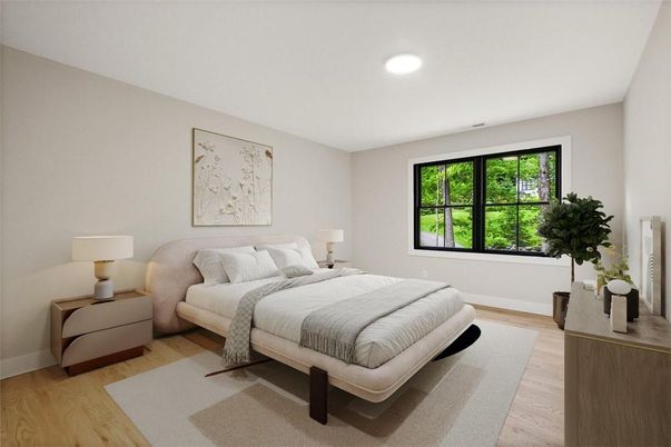 Bedroom, Interior, Recessed Lighting, Wood Texture Flooring