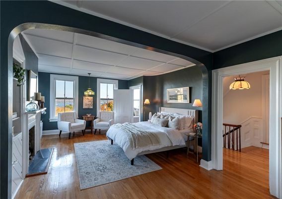 Bedroom, Fireplace, Interior, Pendant Lights, Wood Texture Flooring