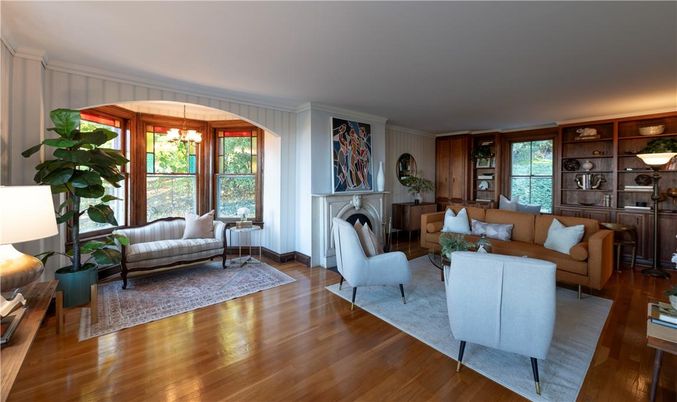 Fireplace, Interior, Living room, Pendant Lights, Wood Texture Flooring