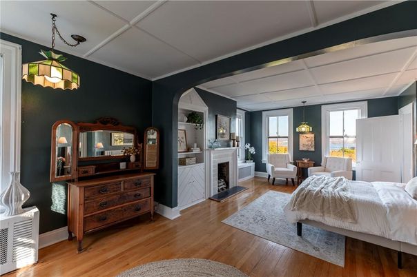 Bedroom, Fireplace, Interior, Pendant Lights, Wood Texture Flooring