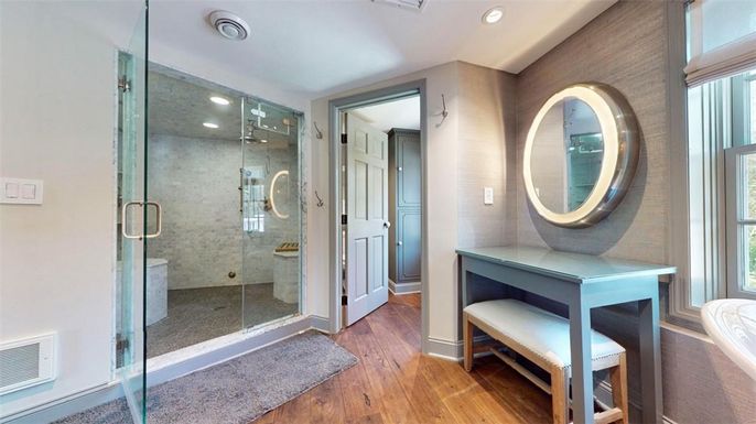 Bathroom, Glass Shower, Interior, Recessed Lighting, Wood Texture Flooring