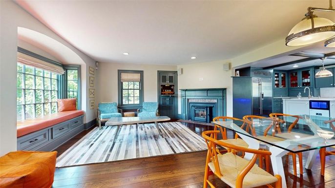 Dining room, Fireplace, Interior, Kitchen, Pendant Lights, Recessed Lighting, Wood Texture Flooring