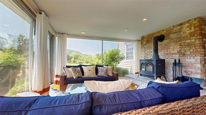 Fireplace, Interior, Living room, Recessed Lighting, Stone Walls