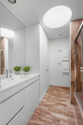 Bathroom, Glass Shower, Interior, Wood Texture Flooring