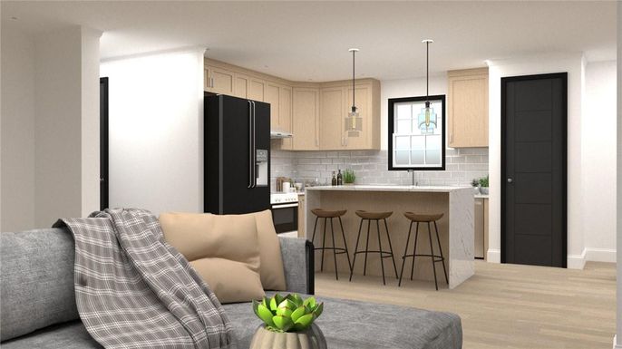 Interior, Kitchen, Pendant Lights, Wood Texture Flooring