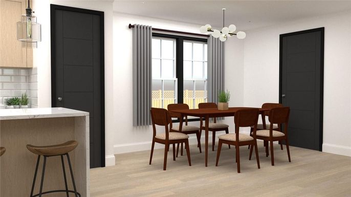 Dining room, Interior, Pendant Lights, Wood Texture Flooring