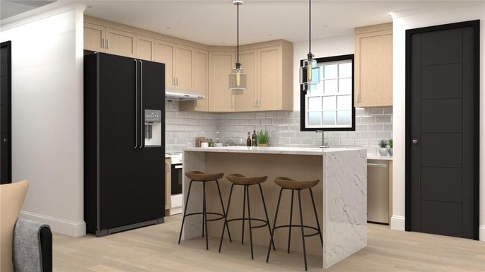 Interior, Kitchen, Pendant Lights, Recessed Lighting, Wood Texture Flooring