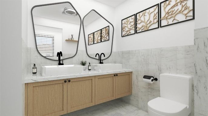 Bathroom, Dual Sink Vanities, Interior, Marble, Marble Walls