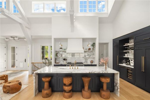 Interior, Kitchen, Marble Walls, Wood Texture Flooring