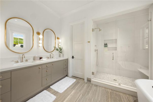 Bathroom, Dual Sink Vanities, Glass Shower, Interior, Wood Texture Flooring