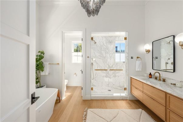 Bathroom, Interior, Marble Walls, Wood Texture Flooring