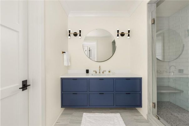 Bathroom, Dual Sink Vanities, Glass Shower, Interior, Wood Texture Flooring