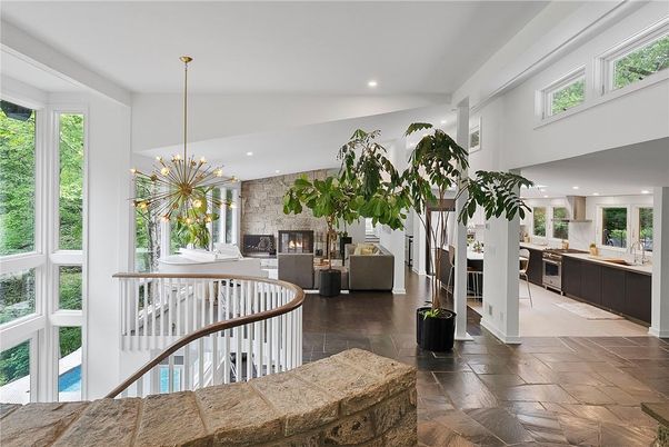 Fireplace, Interior, Kitchen, Living room, Pendant Lights, Recessed Lighting