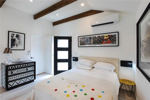 Bedroom, Interior, Recessed Lighting, Wooden Beams, Wood Texture Flooring