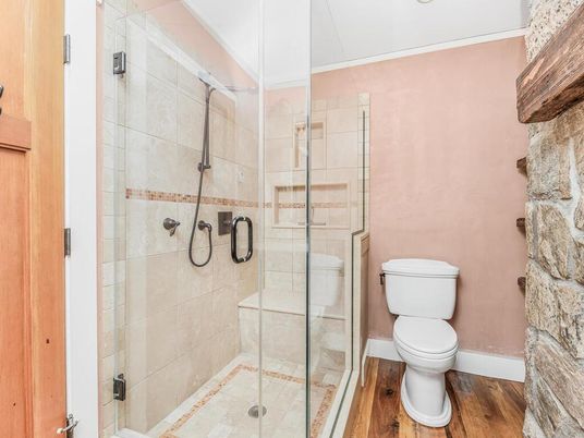 Bathroom, Glass Shower, Interior, Wood Texture Flooring
