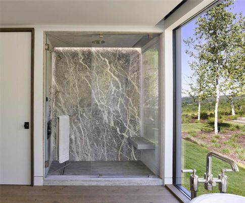 Bathroom, Glass Shower, Interior, Marble Walls, Wood Texture Flooring