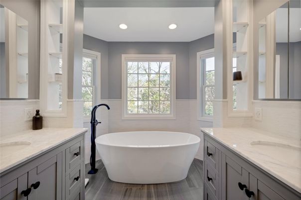 Bathroom, Dual Sink Vanities, Free Standing Baths, Interior, Recessed Lighting, Wood Texture Flooring