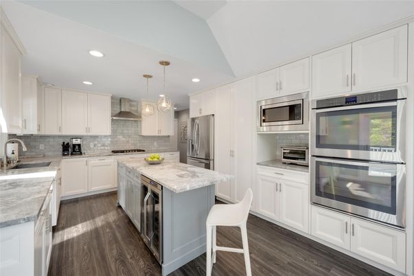 Interior, Kitchen, Pendant Lights, Recessed Lighting, Stainless Steel Appliances, Wood Texture Flooring