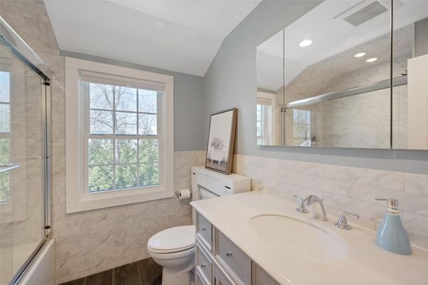 Bathroom, Glass Shower, Interior, Marble Walls, Recessed Lighting, Wood Texture Flooring