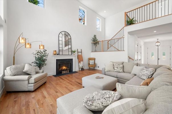 Fireplace, Interior, Living room, Recessed Lighting, Wood Texture Flooring