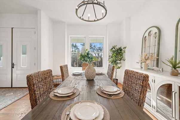 Dining room, Interior, Pendant Lights, Wood Texture Flooring