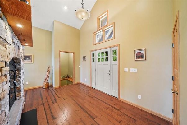 Fireplace, Interior, Pendant Lights, Recessed Lighting, Wood Texture Flooring