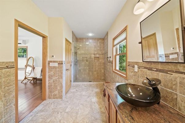 Bathroom, Glass Shower, Interior, Recessed Lighting, Wood Texture Flooring