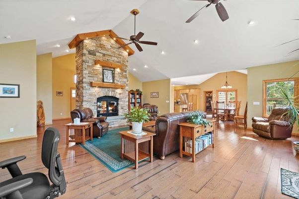 Dining room, Fireplace, Interior, Kitchen, Living room, Pendant Lights, Recessed Lighting, Stone Walls, Wood Texture Flooring