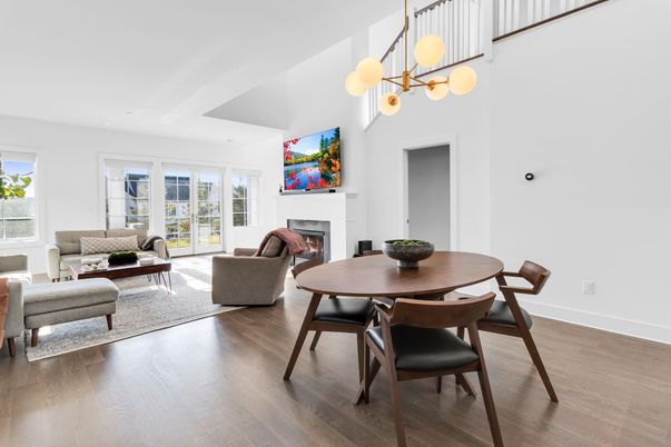 Dining room, Fireplace, Interior, Living room, Pendant Lights, Wood Texture Flooring