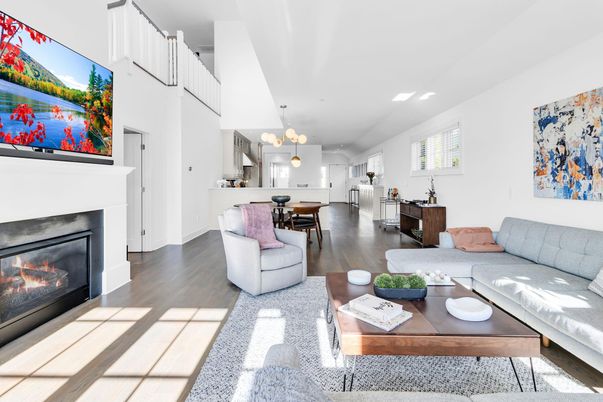 Chandelier, Dining room, Fireplace, Interior, Living room, Pendant Lights, Recessed Lighting, Wood Texture Flooring