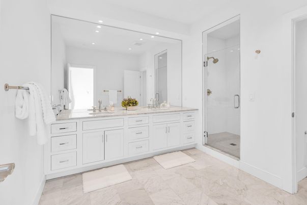 Bathroom, Dual Sink Vanities, Glass Shower, Interior, Marble, Recessed Lighting