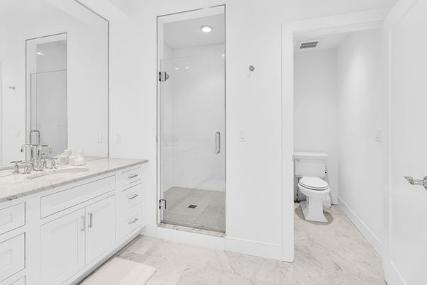 Bathroom, Glass Shower, Interior, Marble, Recessed Lighting
