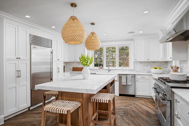 Interior, Kitchen, Pendant Lights, Recessed Lighting, Stainless Steel Appliances, Wood Texture Flooring
