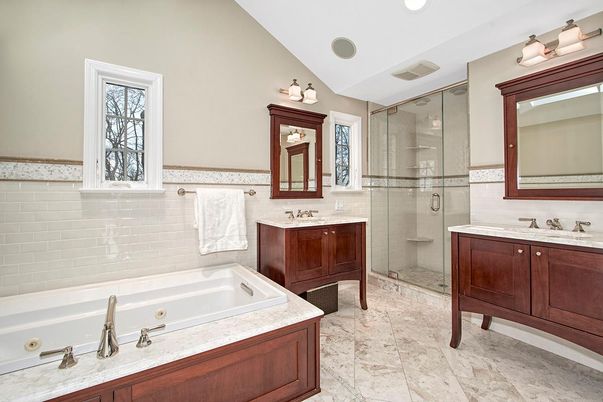 Bathroom, Dual Sink Vanities, Glass Shower, Interior, Recessed Lighting