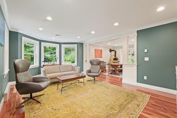 Dining room, Interior, Living room, Recessed Lighting, Wood Texture Flooring
