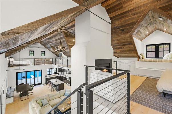 Fireplace, Interior, Living room, Pendant Lights, Wooden Beams, Wooden Ceilings, Wood Texture Flooring