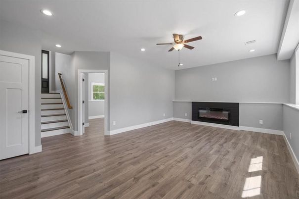 Empty room, Fireplace, Interior, Recessed Lighting, Wood Texture Flooring