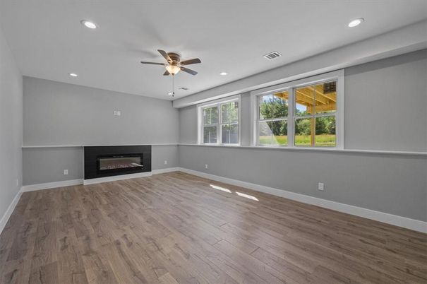 Empty room, Fireplace, Interior, Recessed Lighting, Wood Texture Flooring
