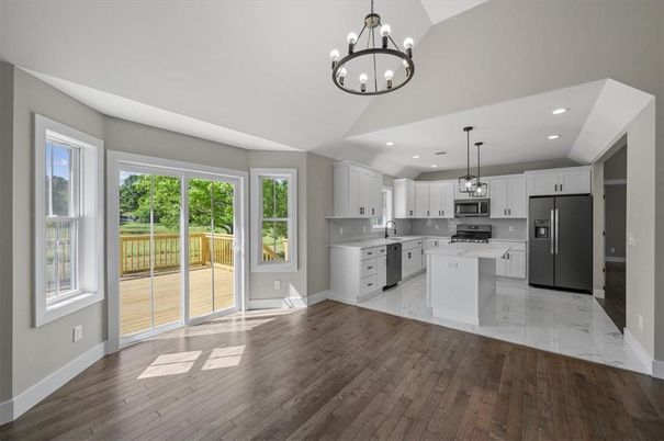 Chandelier, Interior, Kitchen, Marble, Pendant Lights, Recessed Lighting, Stainless Steel Appliances, Wood Texture Flooring
