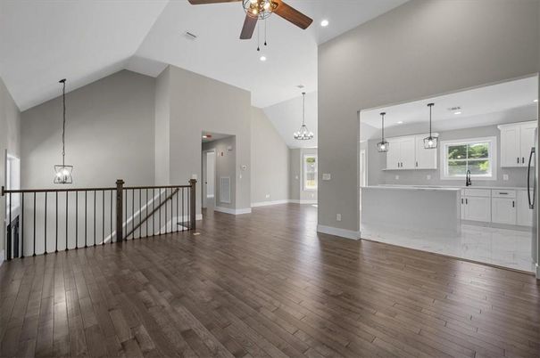 Chandelier, Empty room, Interior, Kitchen, Pendant Lights, Recessed Lighting, Wood Texture Flooring