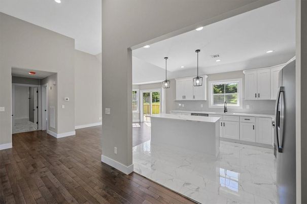 Interior, Kitchen, Marble, Pendant Lights, Recessed Lighting, Stainless Steel Appliances, Wood Texture Flooring