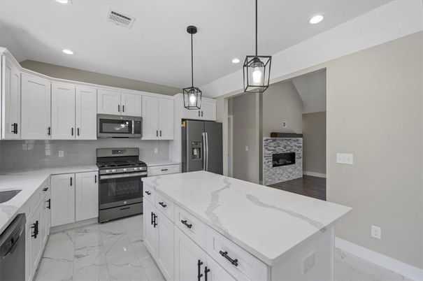 Interior, Kitchen, Marble, Pendant Lights, Recessed Lighting, Stainless Steel Appliances