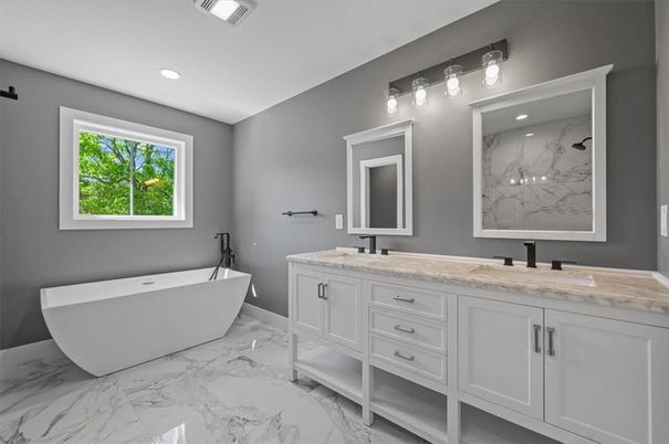 Bathroom, Dual Sink Vanities, Free Standing Baths, Interior, Marble, Marble Walls, Recessed Lighting
