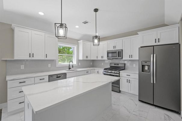 Interior, Kitchen, Marble, Pendant Lights, Recessed Lighting, Stainless Steel Appliances