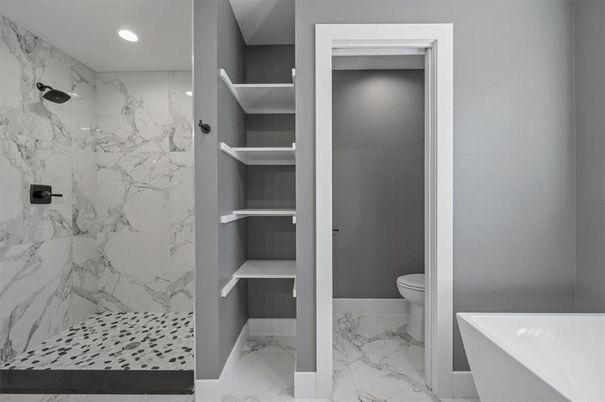 Bathroom, Interior, Marble, Marble Walls, Recessed Lighting