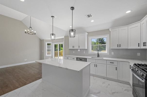 Chandelier, Interior, Kitchen, Marble, Pendant Lights, Recessed Lighting, Stainless Steel Appliances
