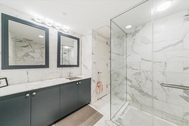 Bathroom, Glass Shower, Interior, Marble, Marble Walls, Recessed Lighting