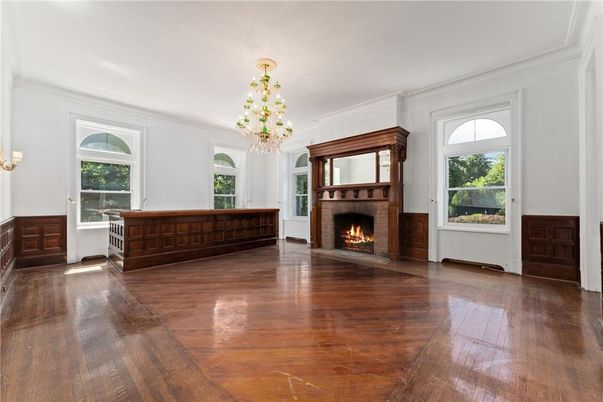 Chandelier, Empty room, Fireplace, Interior, Wood Texture Flooring