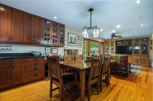 Dining room, Interior, Pendant Lights, Recessed Lighting, Wood Texture Flooring