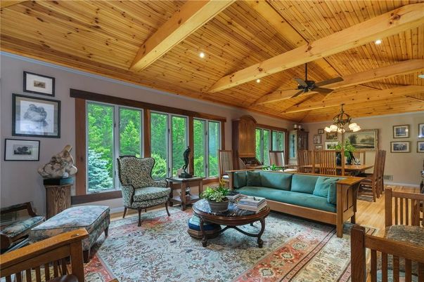 Chandelier, Dining room, Interior, Living room, Recessed Lighting, Wooden Beams, Wooden Ceilings, Wood Texture Flooring